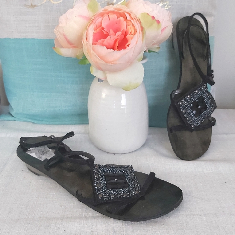 Chinese Laundry black dark gray beaded strappy sandals